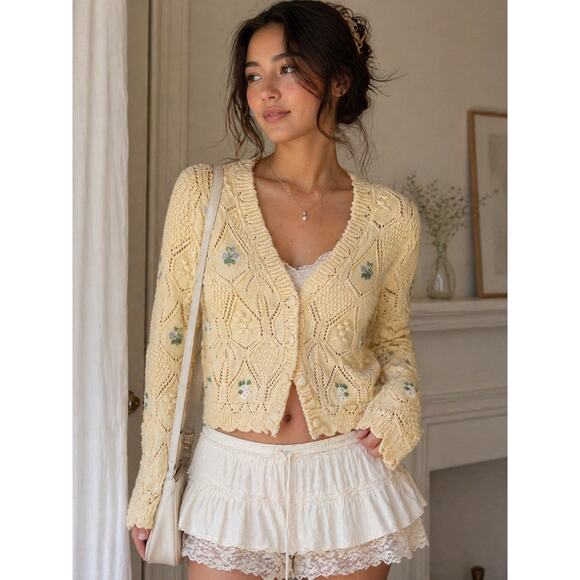 Zara Sweaters - Zara Knit Cardigan Cotton Floral Embroidered Sz Large Butter Yellow Twee